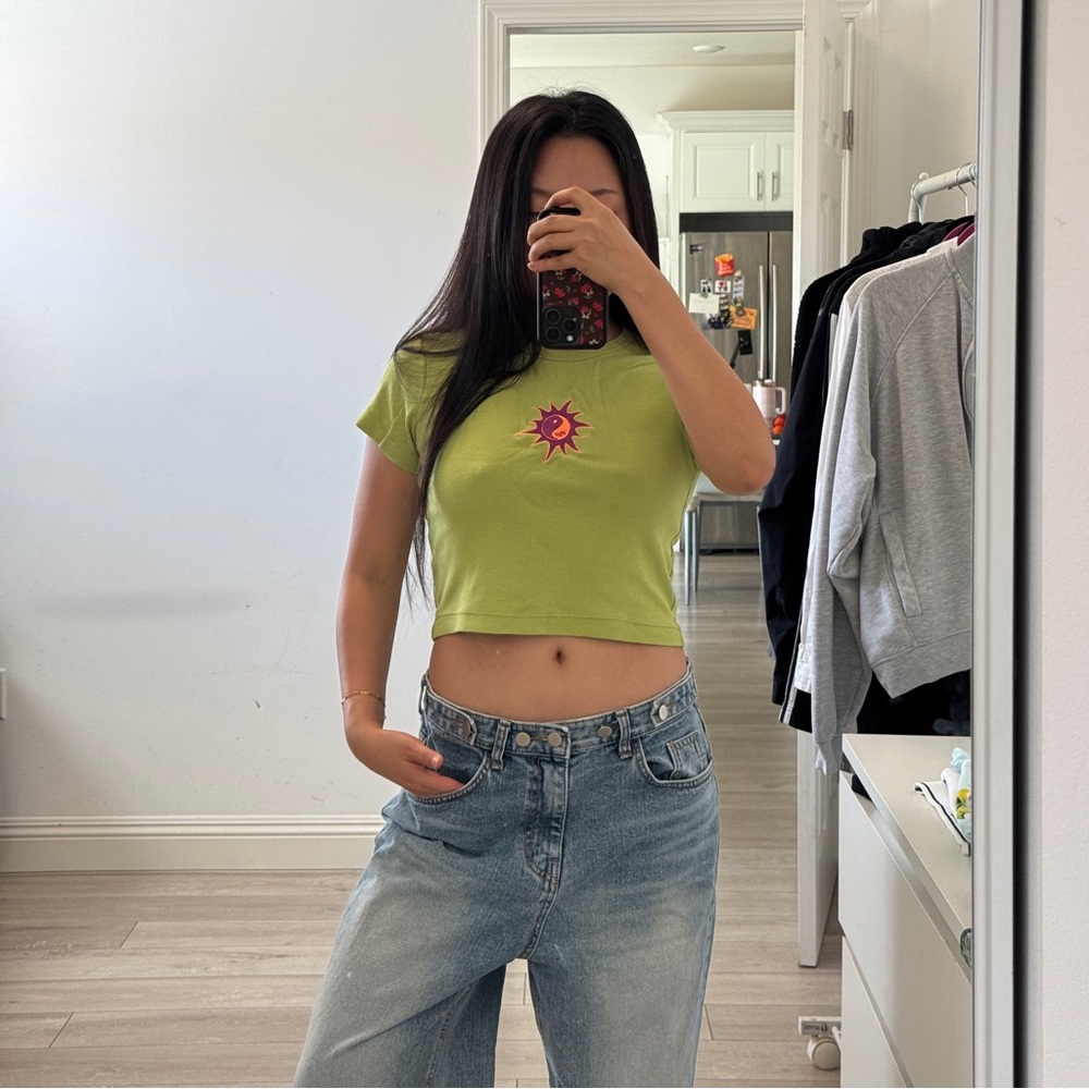 UNIF Lime Green Cropped Tee with Sun Heart Graphic